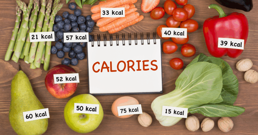Assorted fruits and vegetables with calorie counts, illustrating low-calorie snack options that support healthy eating on a Semaglutide weight-loss plan. Healthy Snacking tips for weight loss 