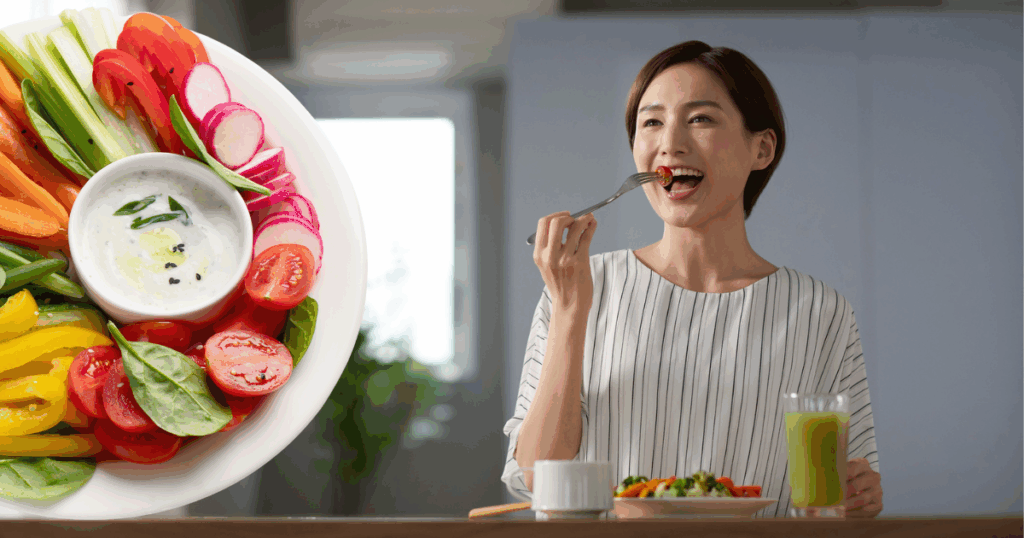 A woman eating a healthy snack, composed of protein, fiber, and hydration. As she follows healthy snacking tips from Slimmer U Rx