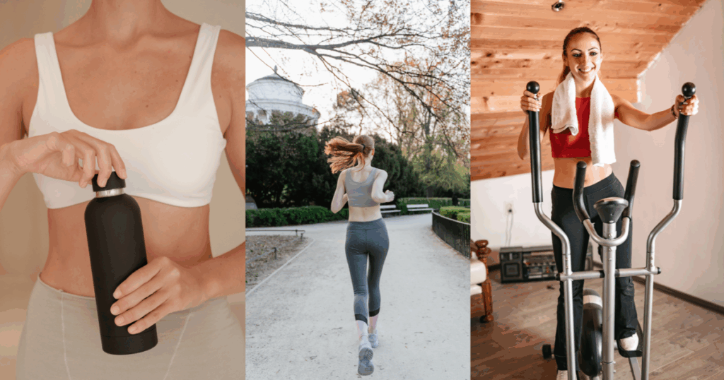 Women enjoying different workouts including walking, cycling, and stretching to build a consistent, enjoyable fitness routine while on GLP-1 medication.