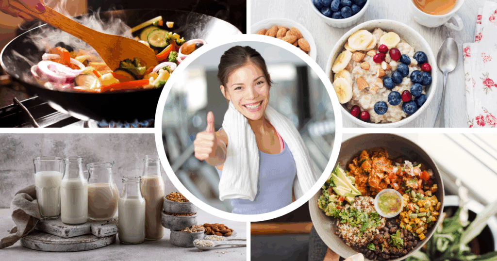 Practical tips to start a plant-based diet for weight loss, including oatmeal, lentil soup, veggie stir-fry, plant milk swaps, healthy snacks, and meal prep ideas
