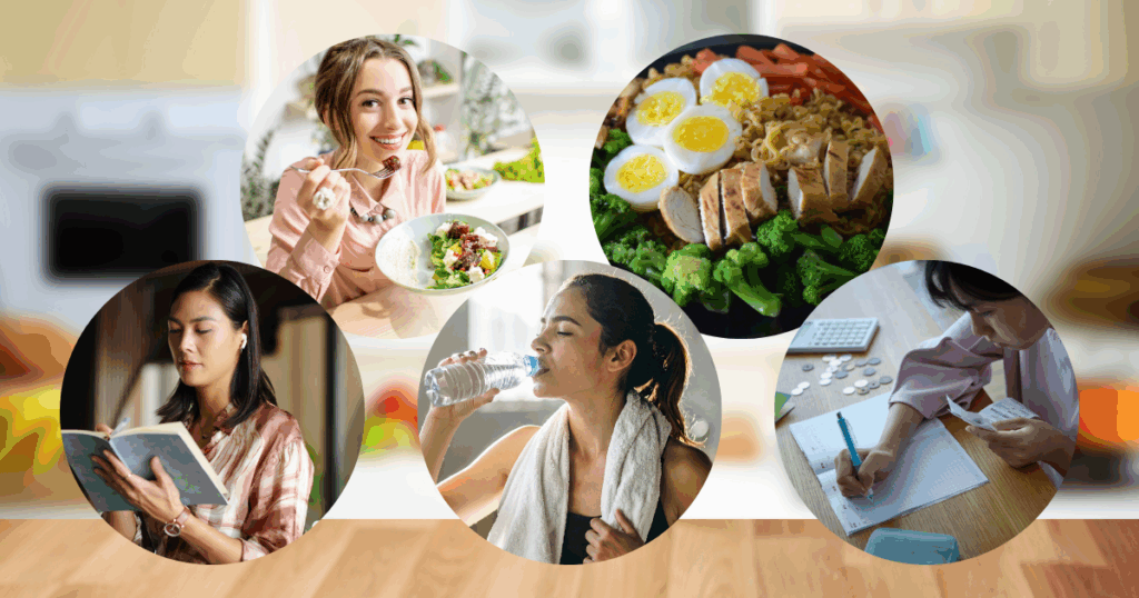 Collage on smart snacking strategies while on GLP-1. Planning ahead, listening to one's body, being hydrated, focusing on protein snacks, and lastly, tracking one's progress.