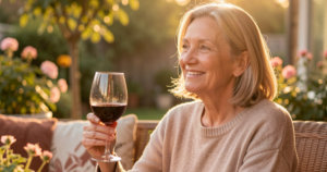 Midlife woman enjoying a calm evening ritual with a glass of wine in a warm, elegant setting Alcohol and Midlife: What Women Need to Know Now